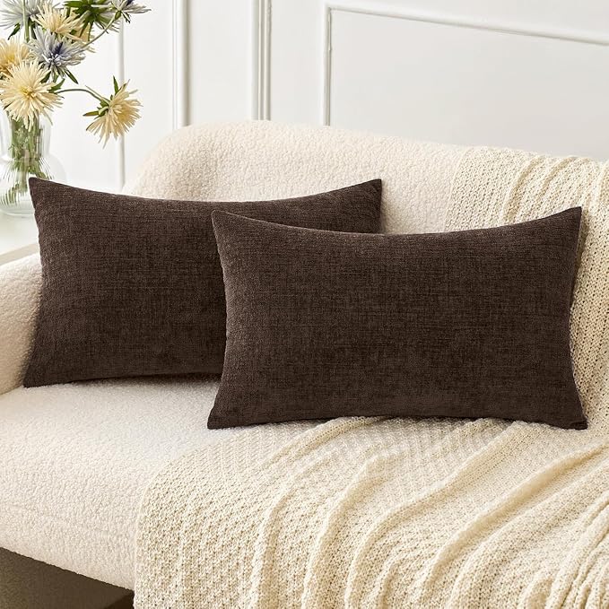 MIULEE Chenille Fall Lumbar Throw Pillow Covers Chocolate Brown 12x20 | Pack of 2, Modern Fall Decor, Classic Decorative Pillows, Solid Dyed Cases, Couch Cushion Covers for Sofa Bed Living Room
