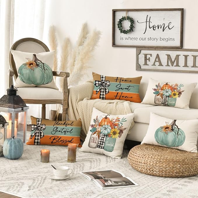 AVOIN colorlife Fall Pumpkin Home Sweet Home Throw Pillow Covers, 12 x 20 Inch Autumn Thankful Grateful Blessed Harvest Floral Decorations for Sofa Couch Set of 4, Blue