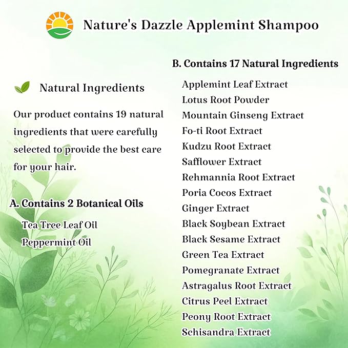 Nature’s Dazzle Applemint Cool Relief Shampoo - Clarifying Tea Tree & Peppermint for Oily Scalp - Sulfate Free Volumizing Formula with Salicylic Acid & Herbal Extracts - K-Beauty, 16.9 fl oz