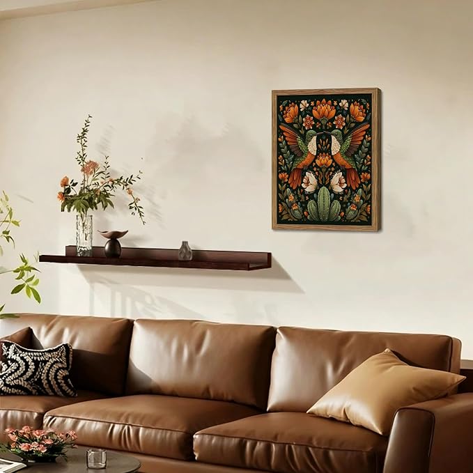 Framed Mexican Hummingbird Wall Art, Vintage Birds Animal Canvas Wall Decor Painting, Colorful Floral Cactus Botanical Poster Print Picture for Living Room Bedroom Bathroom 16x24 Inch