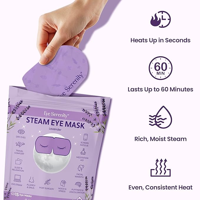Eye Serenity Steam Eye Mask, Heated Eye Mask, Self Heating Warm Compress for Dry Eyes, Fast Relief for Stye, Puffy Sensitive Eyes, Moist Heat, Mothers Day Gifts for Women and Men - Lavender