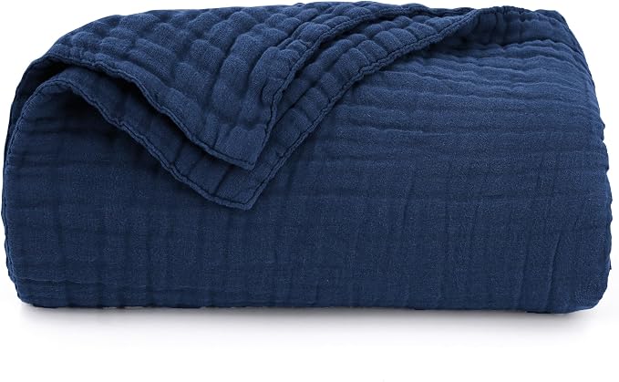 Love's cabin 100% Cotton Muslin Blanket, 6 Layer Lightweight Breathable Gauze King Size Blanket 108 x 90 Inches, Soft Summer Blanket for Bed, Dark Blue