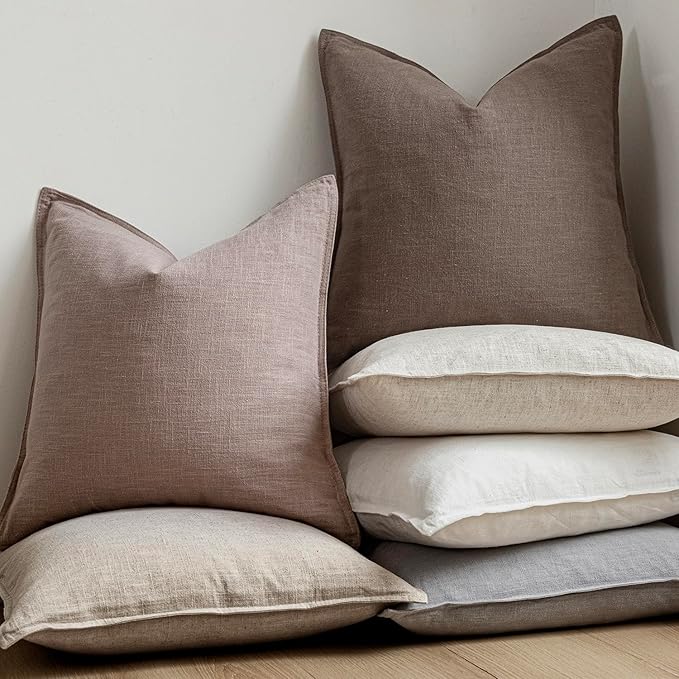 Foindtower Set of 2, Decorative Linen Solid Throw Pillow Covers Soft Accent Euro Cushion Case Boho Farmhouse Pillowcase for Chair Couch Sofa Bedroom Living Room Home Decor 16 x 16 Inch Dusty Pink