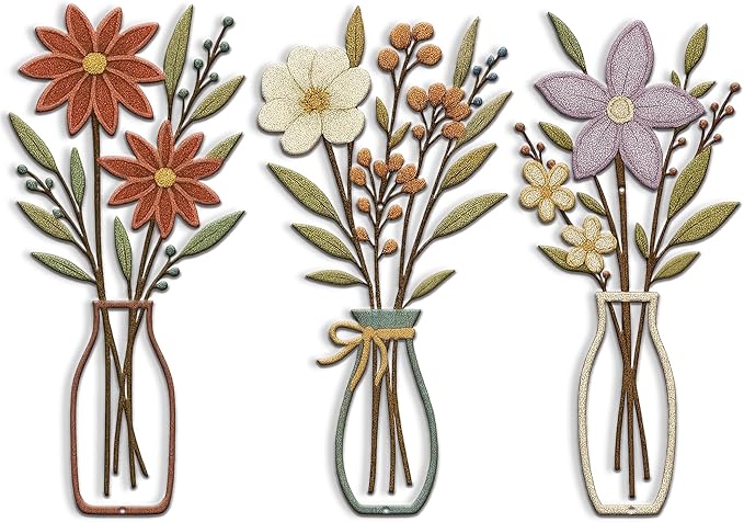3 Piece Metal Flower Wall Art for Bedroom Living Room Rustic Farmhouse Floral Wall Decor for Bathroom Dining Room Boho Home Decorations Modern Minimalism Walls Hanging Sculptures(Red Purple)