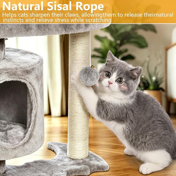 BEWISHOME Cat Tree with Scratching Post, Cat Tower for Indoor Cats | Cat Trees with Cat Bed for Adult Cat or kitten, Cat Condo and Cat Toy Balls Playful, Gray MMJ97G