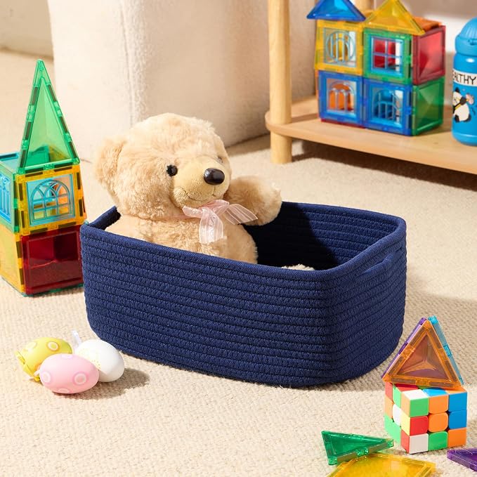 MiniArk Small Storage Baskets for Organizing | Closet Organizer Bins | Shelf Toy Basket | Woven Rope Baskets | Cube Decorative Box | Shallow Basket | 13x8.5x5.1” | 4 Packs Navy Blue