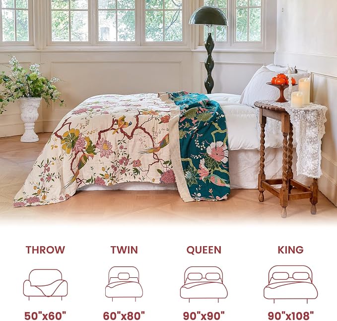MSGKV Boho Throw Blanket 60"x80" Cotton Chinoiserie Bird Blanket for Couch | 100% Cotton Throw, Chinoiserie Floral Bird, Reversible Woven, Breathable Lightweight, Decorative Accent, Machine Washable