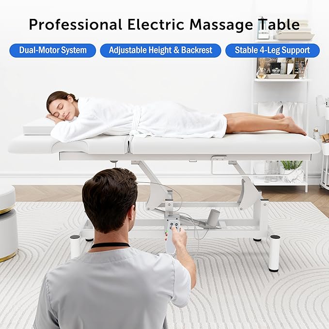 Professional Electric Massage Table, 2 Motors Hydraulic Electric Lift Adjustable Backrest and Height Lifting Functions for Treatment/Physical Therapy/Spinal Massage/Facial Spa/Waxing/Tattooing - White