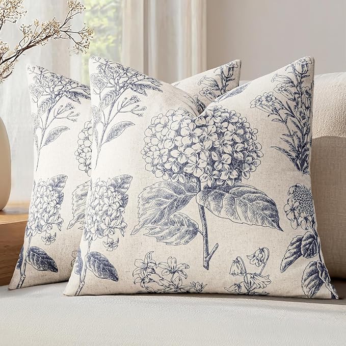 Set of 2 Euro Floral Pillow Covers 24x24 Inch Navy Blue | Decorative Neutral Hydrangea Print, Boho Vintage Throw Pillows, Cottagecore Home Decor, for Sofa Couch Porch Bed Living Room