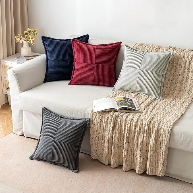 MIULEE Light Grey Corduroy Decorative Euro Sham Pillow Covers 24x24 Inch with Splicing Set of 2 Soft Boho Pillow Covers Broadside Textured Pillowcases for Couch Bed Livingroom