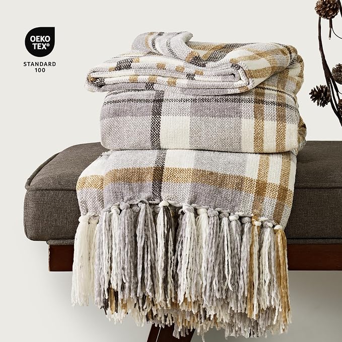 Plaid Chenille Knit Throw Blanket, 50"x60", Grey & Beige | Super Soft Knitted Throw with Tassels, Cozy, Decorative Farmhouse Plaid, Lightweight, Ideal for Couch Bed Gift Home Decor