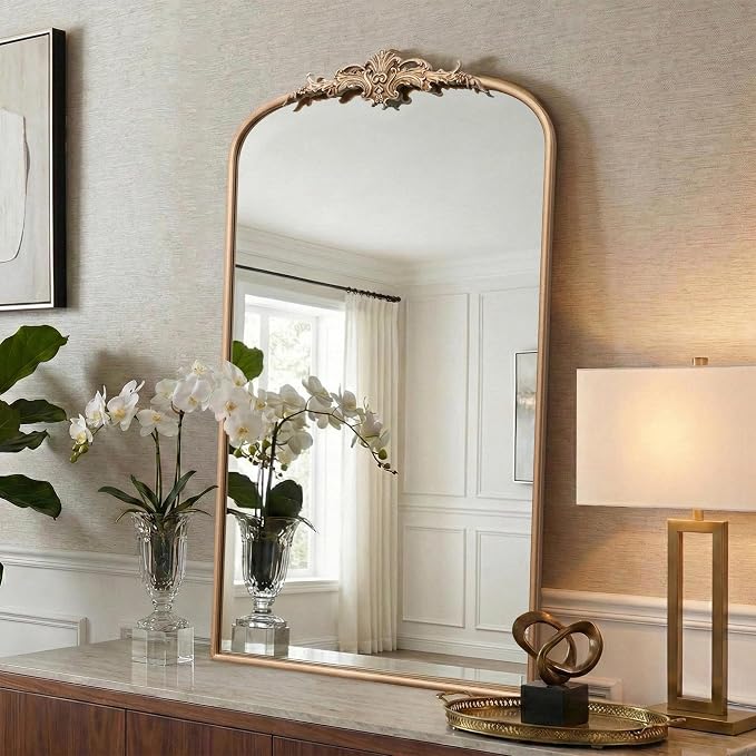 Besdomus Vintage Large Wall Mirror: 24"x42" French Gold Arch Vanity Mirrors | Champagne Baroque Antique Decorative - Traditional Ornate for Hallway/Fireplace/Over Sink - Ideal for Bathroom Remodeling