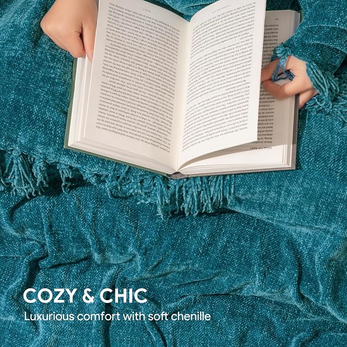 RECYCO Chenille Throw Blanket for Couch, 50"x60", Teal | Super Soft Knit Throw Blanket with Fringe Tassels, Lightweight Knitted Throw, Cozy, Ideal for Sofa Chair Bed Living Room Gift