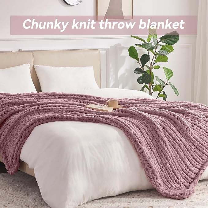 Negwoo Chunky Knit Throw Blanket, Knitted Throw Chenille Yarn, 60"*80" | Soft Thick Cable Knitted Blankets, Handmade Big Thick Blanket, Machine Washable Cute Comfy Blanket for Home Decor, Muted pink