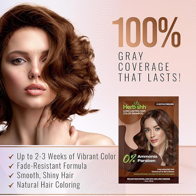 Herbishh Chestnut Brown Shampoo for Gray Hair, Hair Dye Shampoo 3 in 1, 100% Grey Coverage, Instant Permanent Shampoo for Men & Women, Long-lasting & Travel-friendly, Ammonia-free, 30 ml (Pack of 2)