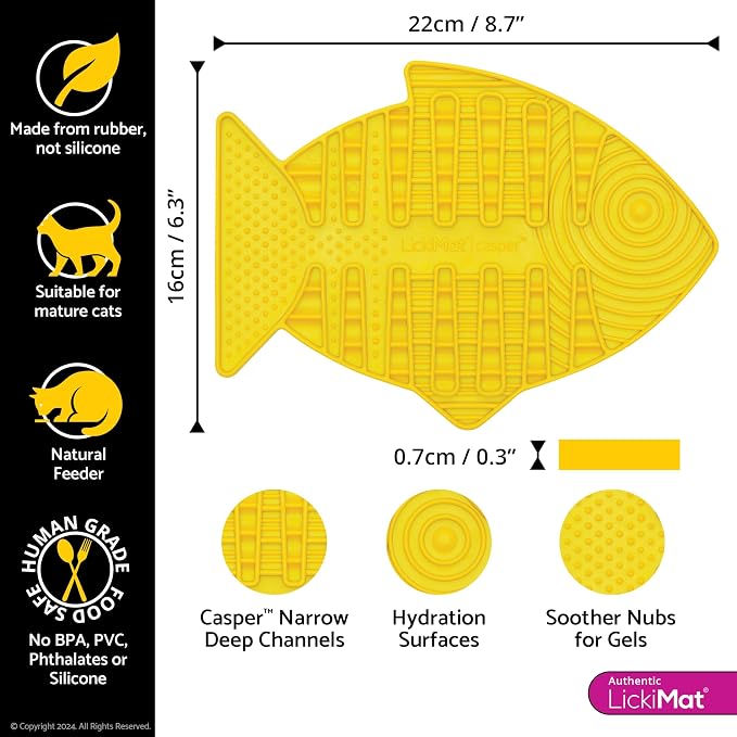 LickiMat Casper, Fish-Shaped Cat Slow Feeders Lick Mat, Boredom Anxiety Reducer; Perfect for Food, Treats, Yogurt, or Peanut Butter. Fun Alternative to a Slow Feed Cat Bowl or Dish, Yellow