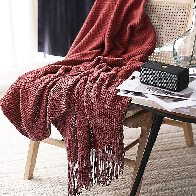 LOMAO Knitted Throw Blanket with Tassels Bubble Textured Soft Blanket Lightweight Throws for Couch Cover Home Decor (Red Mud, 50x60)
