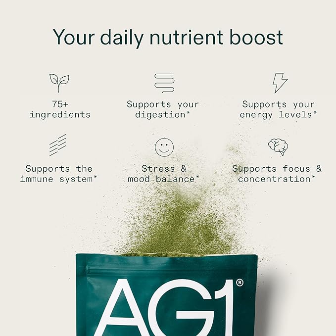 AG1 Greens Powder Supplement | Improve Gut Health | Multivitamin, Probiotic, Gluten Free, Vegan and Keto Friendly | Shaker & Scoop Included | 75 Vitamins (Athletic Greens), Classic Formula