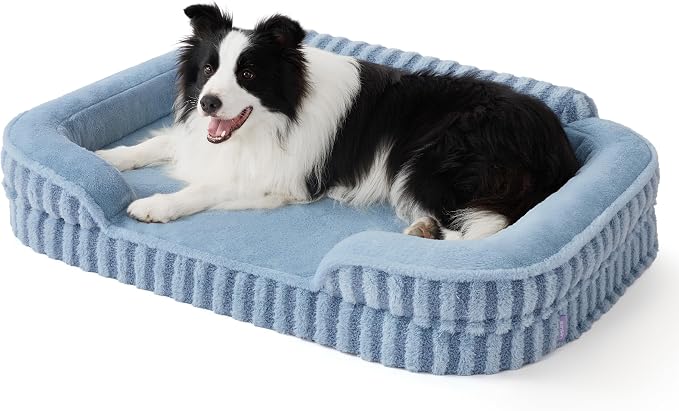 LE SURE Cute Cozy High Back Orthopedic L Plus Dog Bed,38" Blue | Waterproof Pet Bed with Sides, Aesthetic Comfy Egg-Crate Foam Pet Couch Sofa, Removable Washable Cover, Non-Slip Bottom