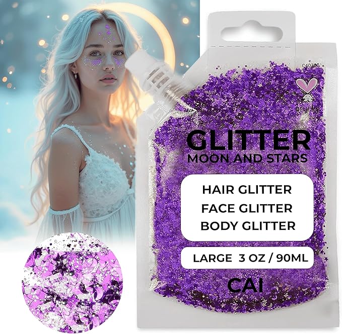 Face, Body & Hair Glitter Gel – Halloween Glitter for Kids and Women – 3 Oz Cosmetic-Grade Gel w/Moon & Stars for Festivals & Halloween Party, Easy Apply & Wash Off - Violet 2Pack