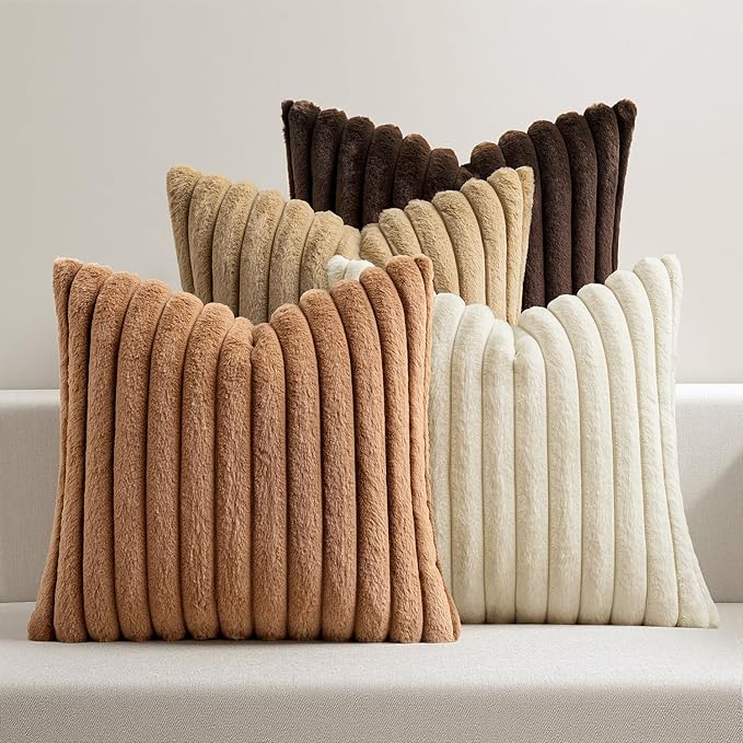 MIULEE Faux Fur Plush Decorative Throw Pillow Covers 18x18, Brown | Set of 4, Fall, Striped, Soft Boho Farmhouse Rustic Home Decor, Cushion Cases for Sofa Couch Bed Living Room