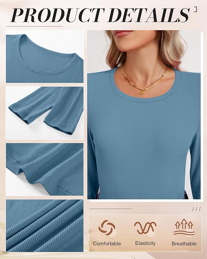 Ficerd 3 Pack Women's Ribbed Long Sleeve Tops, Crew Neck Slim Fit Undershirts Knit Basic Casual Stretch Layering Tee Shirts