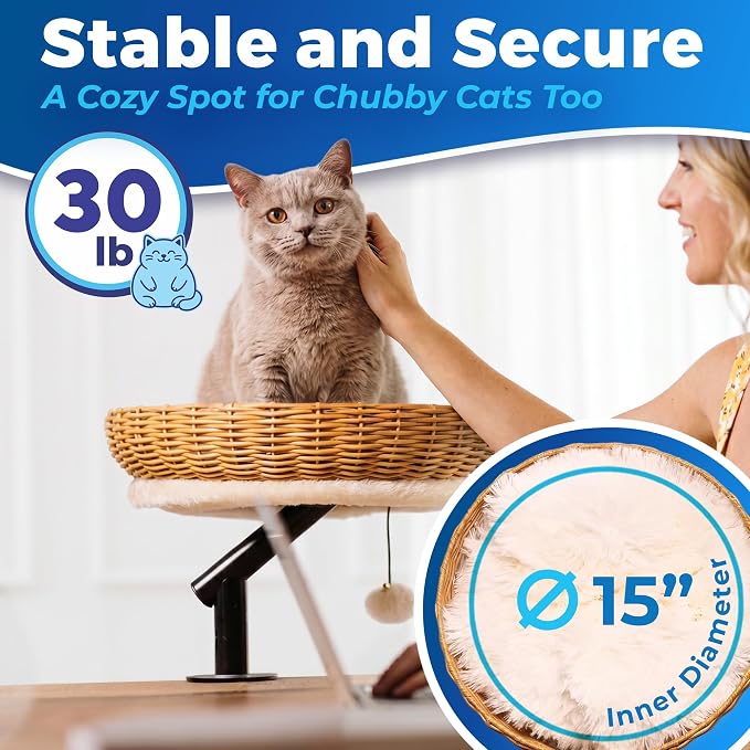 PetLovers Cat Desk Bed - Rattan Elevated Desk Cat Bed Attachment with Removable Washable Cushion, 360° Swivel Arm, Secure Clamp - Keeps Your Pet Close While You Work or Play
