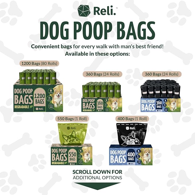 Reli. Poop Bags Rolls | Dog Poop Bags for Dogs (360 Count) | Biodegradable | Leak-Proof | 9x13" | Green Dispenser | Oxobiodegradable | Unscented