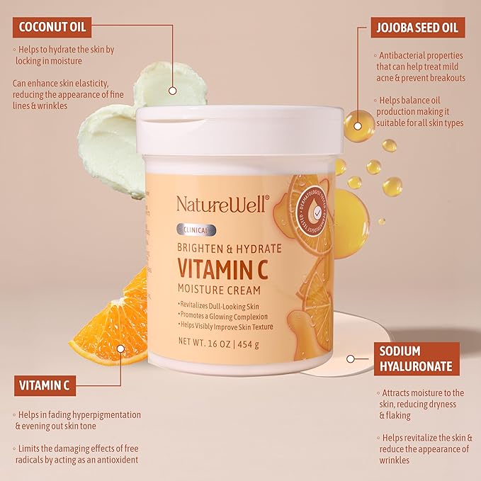 NATURE WELL Vitamin C Brightening Moisturizer Cream, Face & Body Lotion with Coconut Oil, Helps Improve Uneven Skin Tone & Dark Spots, Anti-Aging Lotion for Smooth Radiant Skin, 2 Pack (10 Oz Each)