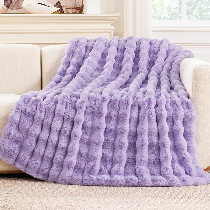 Cozy Bliss Faux Fur Throw Blanket for Couch, Fuzzy Soft Plush Thick Bubble Blanket for Sofa Bedroom Living Room, 60 * 80 Inches Lavender Purple
