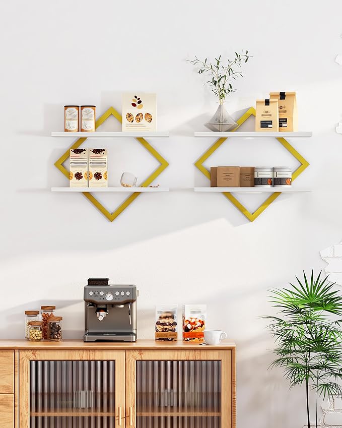 Floating Shelves for Wall, Set of 2 Wall Mounted Shelves, 2-Tier Hanging Shelves, for Living Room, Bedroom, Kitchen, Office, Study, Gold and White TBJ01P2JW
