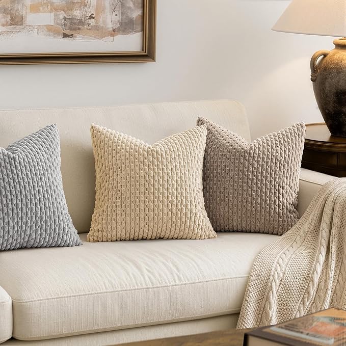 MIULEE Decorative Throw Pillow Covers 20x20 Beige Textured Corduroy | Pack of 2 Striped Pillow Covers Modern Farmhouse Home Decor for Couch Bed Sofa Living Room