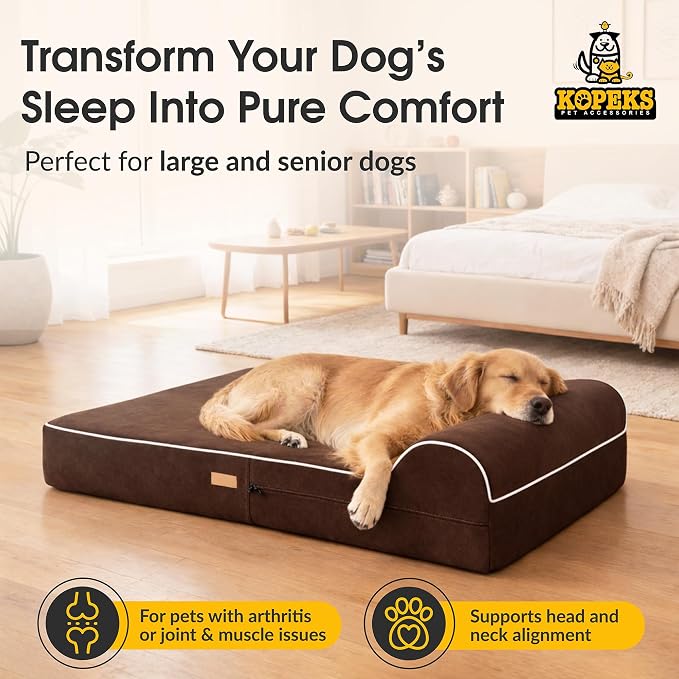 Orthopedic Memory Foam Dog Bed 7" Inch Thick Extra Large Dog Bed With Pillow Brown 50"x34"x10" Includes Waterproof Liner & Durable Removable Cover With Smart Design