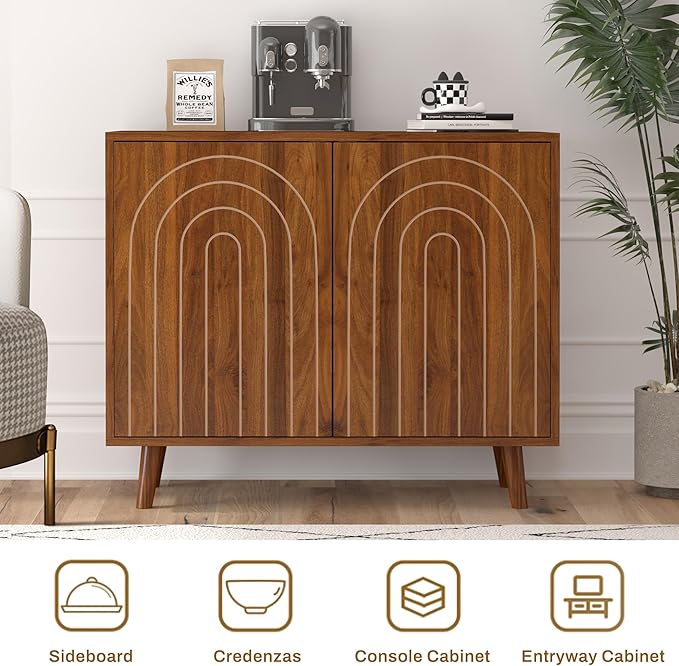 weselon 63" Sideboard Buffet Cabinet Set of 2, Modern Accent Cabinet with Carving Lines, Decorative Storage Cabinets for Living Room Kitchen Office and Hallway (Walnut, 2)
