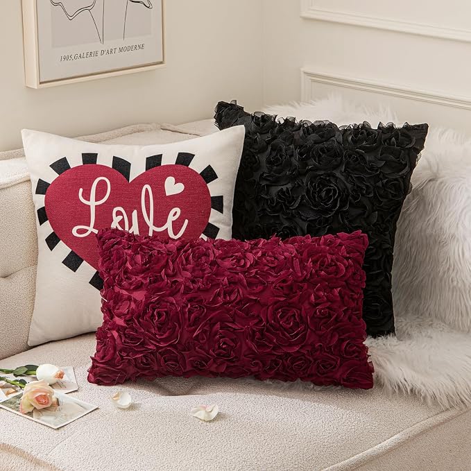 MIULEE Decorative Rose Flower Pillow Covers Pack of 2 Wine Red 12x20 Inch | Cute Romantic Stereo Chiffon Throw Pillow Cover Aesthetic Solid Pillowcase for Girl Coquette Room Decor Coach Bedroom