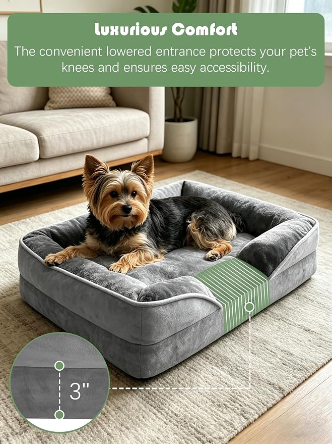 Spotted Play Orthopedic Dog Bed with Sides - Dog Sofa Beds for Small Dogs, Supportive Foam Pet Couch Bed with Washable Removable Cover, Waterproof Lining and Non-Slip Bottom, Grey - S