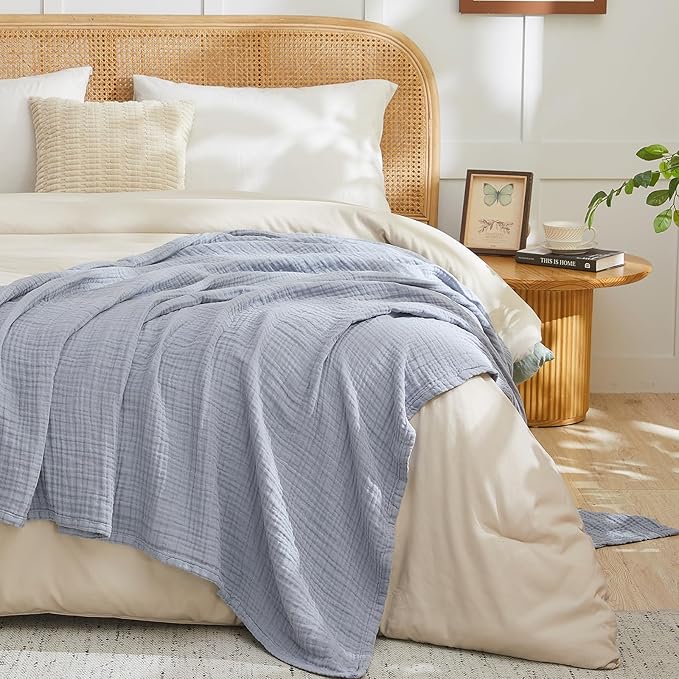 EMME Muslin Blankets for Adults Throw Blanket for Couch Breathable Gauze Soft Lightweight Airy Dusty Blue Twin XL 66" x 90"
