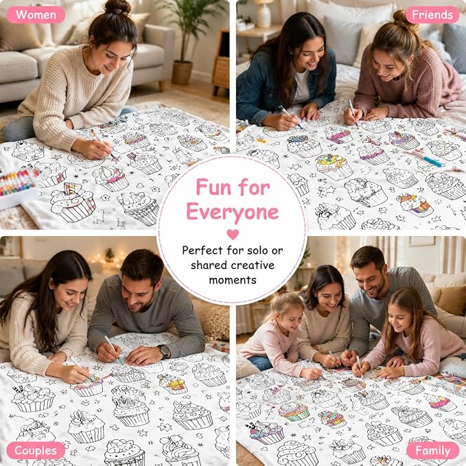 VEELU DIY Cupcake Coloring Blankets with 24 Colors Markers for Adults | Color In Your Own Blankets With 24 Colors Markers, Snuggle Color Sketch Washable Blankets Kit Home Decor