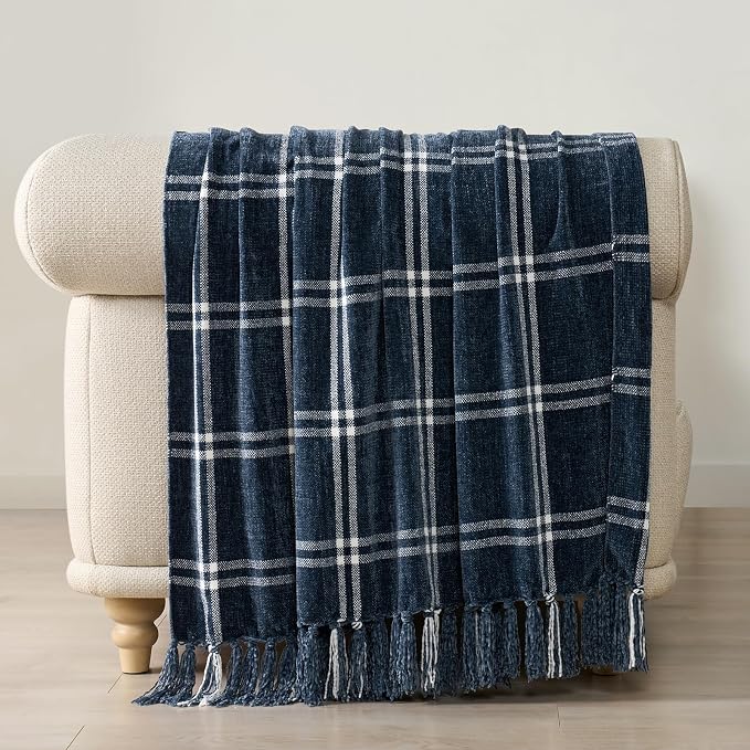 Plaid Chenille Knit Throw Blanket, 60"x80", Navy & White | Soft Knitted Throw with Tassels, Cozy, Lightweight, Windowpane Grid Plaid, Decorative Farmhouse Throw for Couch Bed Sofa Gift