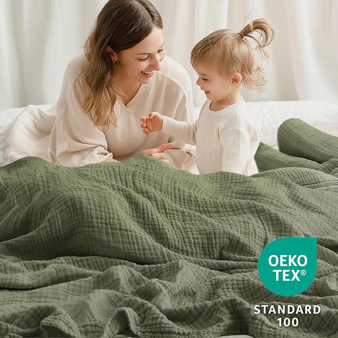100% Cotton Muslin Blanket 40" x 40", Breathable and Lightweight Cotton Throw Blankets, Soft Cooling Summer Gauze Blanket for All Season, Oive Green