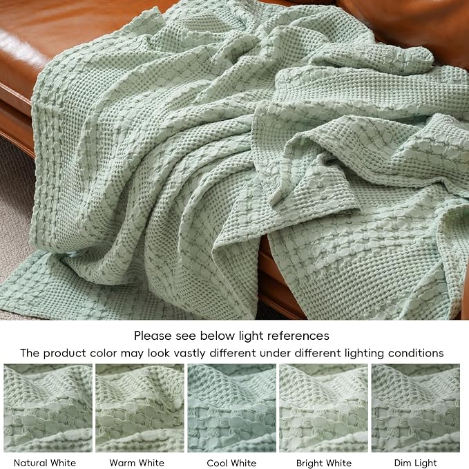 PHF 100% Cotton Waffle Weave Blanket King Size, Lightweight Breathable Summer Blanket for Hot Sleepers, Pre-Washed Soft Layer for Bed, Couch, Home Decor Gift, 108"x90", Mint Green