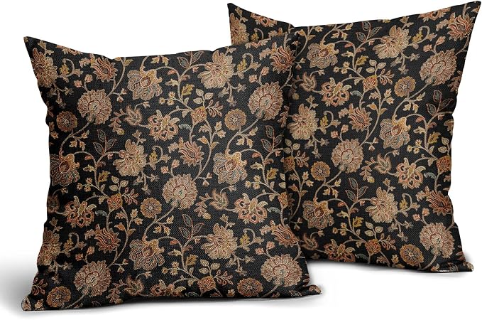 Black Brown Floral Pillow Covers 18X18 Inch Set of 2 Vintage Boho Carpet Flowers Decorative Pillow Cases Leaves Plant Cotton Linen Cushion Case Farmhouse Home Decor for Sofa Couch Living Room