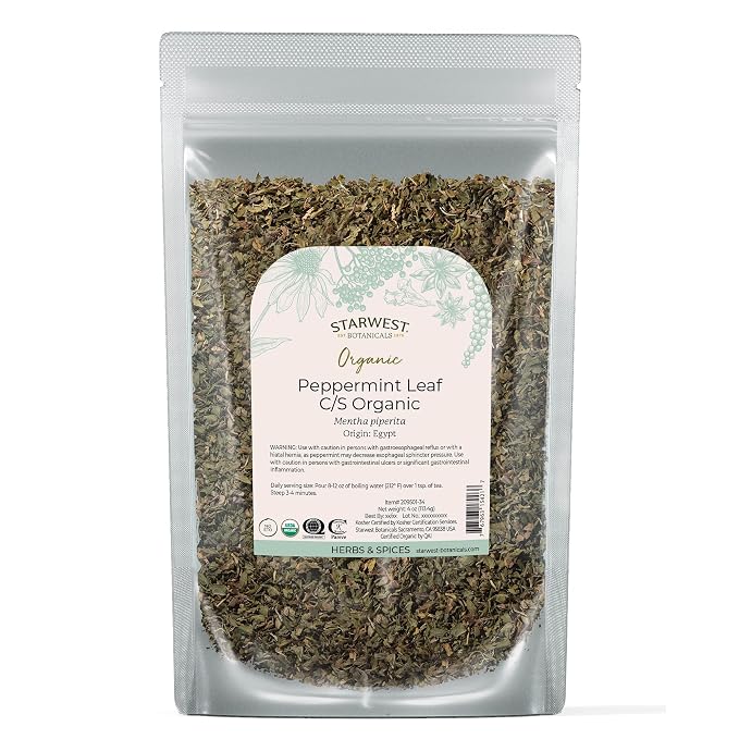 Starwest Botanicals Organic Peppermint Leaves Cut & Sifted - Dried Loose Leaf Herb for Tea, Herbal Blends, Baking, & Cooking, Caffeine Free, Sourced from Egypt, Certified Kosher, Non-GMO - 4 oz Pouch