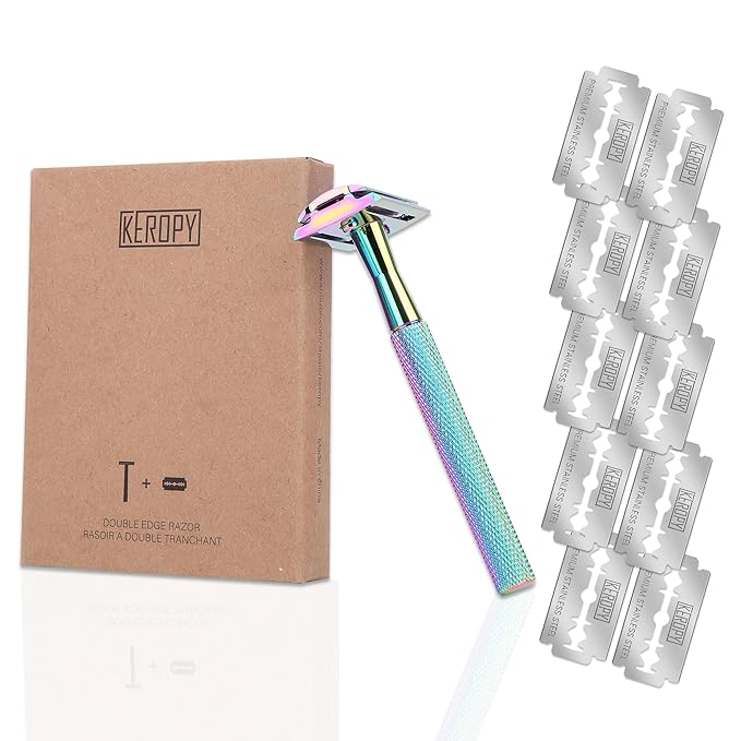 Keropy Safety Razor For Man With 10 Premium Stainless Steel Razor Blade Reusable Single Blade Razors For Men and Women, Double Edge Razor, Rainbow