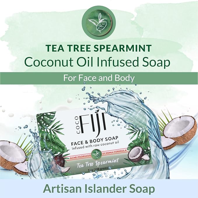 Coco Fiji Soap Bar for Face and Body Infused With Organic Coconut Oil, Tea Tree Spearmint, Essential Oil, Natural Soap for Moisturizing & Pore Purifying Skin, 7 oz,Pack of 12