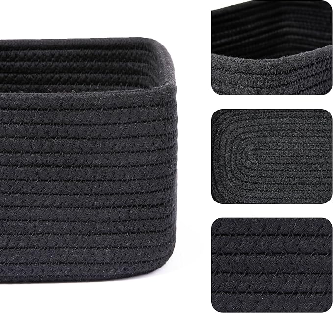 MiniArk Small Storage Baskets for Organizing | Closet Organizer Bins | Shelf Toy Basket | Woven Rope Baskets | Cube Decorative Box | Shallow Basket | 11.5x7.5x4.7” | 4 Packs Black