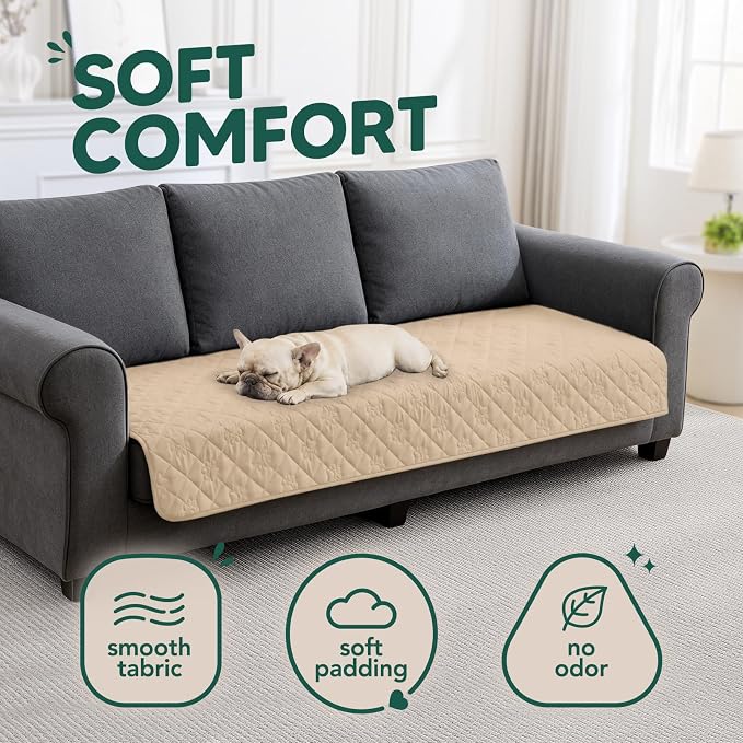 PAWFINITY Waterproof 4 Seat Couch Covers for Dogs, Pet Blanket for Sofa | Paw Print Quilted, Hair Resistant, Anti Cat Scratch, Washable Furniture Protector for 4 Seater Cushion, 35x96 Inch, Beige