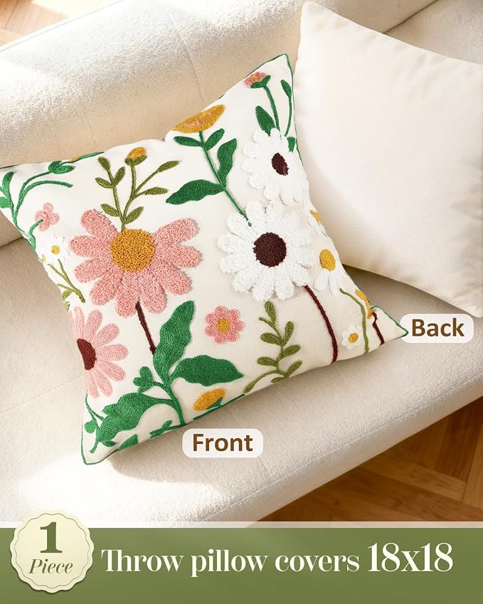 Embroidered Throw Pillow Cover - 18x18 Decorative Pillow Cover with Zipper Aesthetic Cute Design Boho Spring Summer Cozy Throw Pillowcase for Living Room Couch Sofa Bed, Pink White Flower