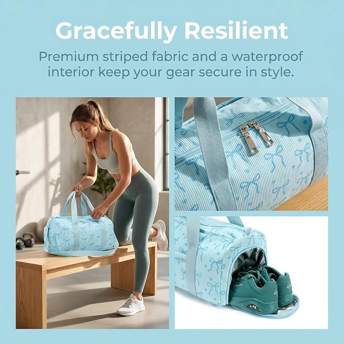 Gym Bag Sports Duffle Bag with Wet Pocket Weekender Overnight Bags with Waterproof Shoe Pouch and Air Hole for Girls Kids Women Workout Travel Bags (Bow Tie Blue)