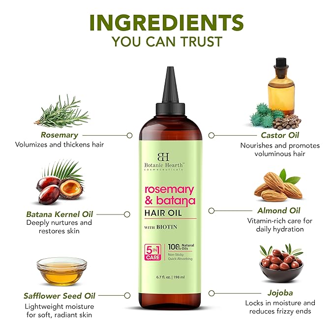 Botanic Hearth Hair Oil for Hair Growth & Hair Treatment Oils | Strengthening Dry, Frizzy, Damaged Hair & Scalp Treatment | Rosemary & Batana Hair Oil – 6.7 Fl Oz
